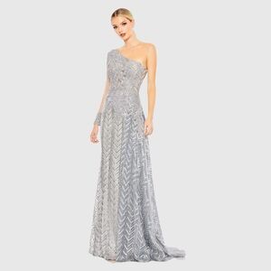 NWT $898 MAC DUGGAL Silver Embellished One Shoulder A Line Gown DRESS 20401
